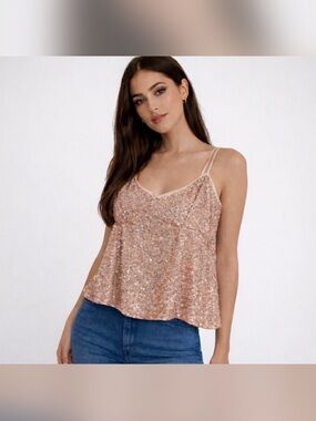 Le Lis Rose Gold Sequin Camisole with Spaghetti Straps